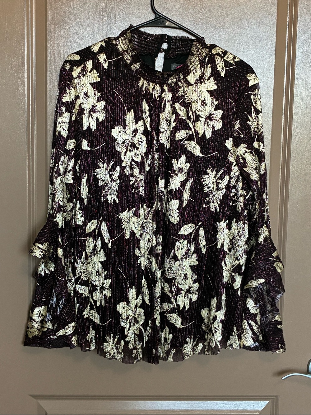 Women’s Floral Blouse with Bell Sleeves in Dark Purple and Cream